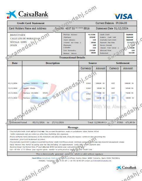 Spain CaixaBank credit card statement scr